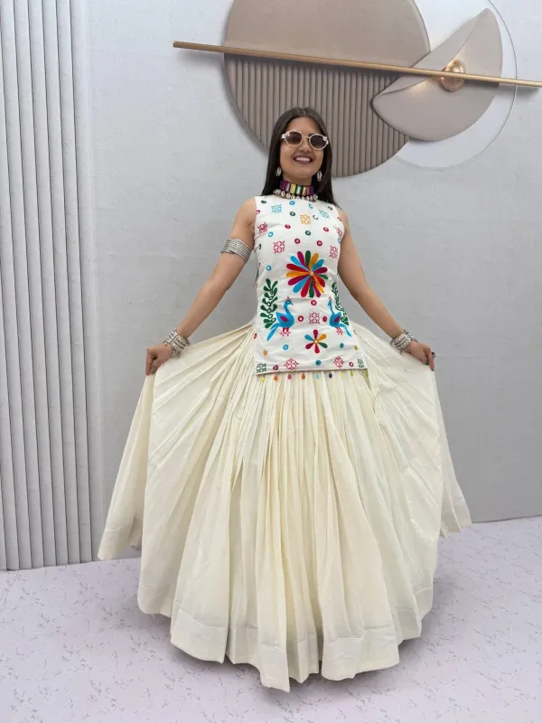 Navratri_Special_Lehenga_Choli_White_Khadi_Cotton_Thread_Lehenga_Choli