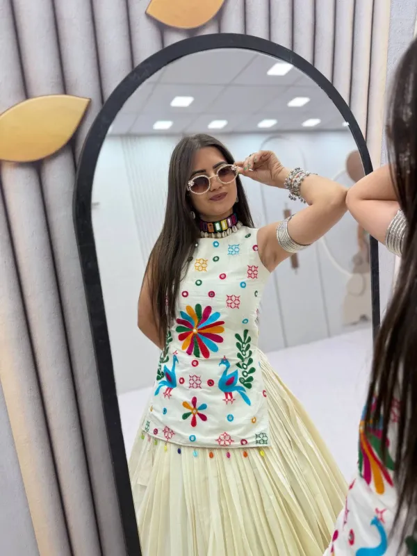 Navratri_Special_Lehenga_Choli_White_Khadi_Cotton_Thread_Lehenga_Choli