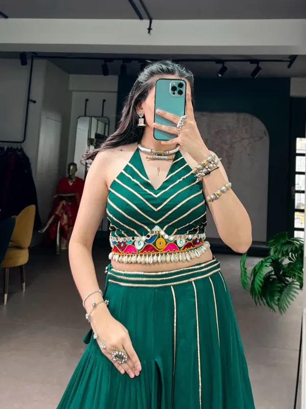 Navratri_Collection_Bottle_Green_Navratri_Chaniya_Choli_Set_With_Halter_Neck_Crop_Top_Mirror_Embroidery_Shell_Detailing_Veronica_Fashion_Hub
