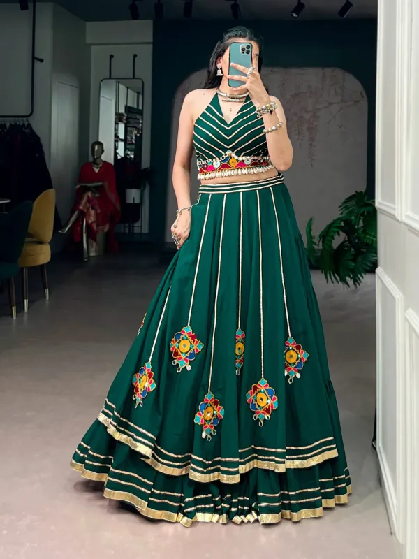 Navratri_Collection_Bottle_Green_Navratri_Chaniya_Choli_Set_With_Halter_Neck_Crop_Top_Mirror_Embroidery_Shell_Detailing_Veronica_Fashion_Hub