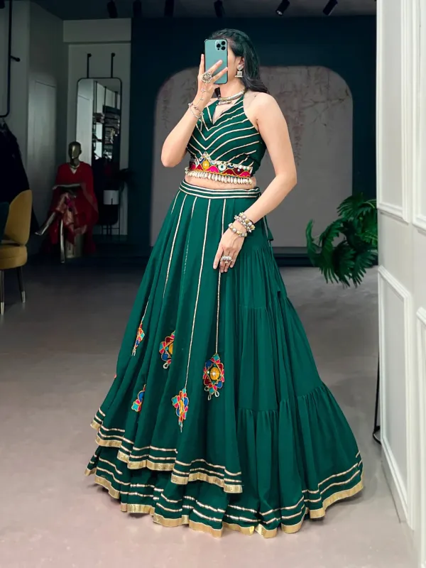 Navratri_Collection_Bottle_Green_Navratri_Chaniya_Choli_Set_With_Halter_Neck_Crop_Top_Mirror_Embroidery_Shell_Detailing_Veronica_Fashion_Hub