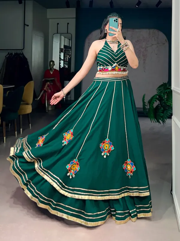 Navratri_Collection_Bottle_Green_Navratri_Chaniya_Choli_Set_With_Halter_Neck_Crop_Top_Mirror_Embroidery_Shell_Detailing_Veronica_Fashion_Hub