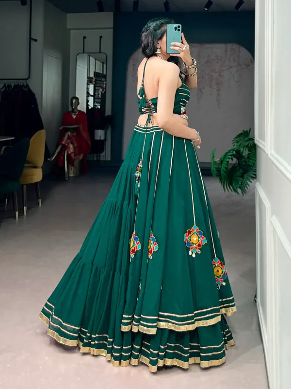Navratri_Collection_Bottle_Green_Navratri_Chaniya_Choli_Set_With_Halter_Neck_Crop_Top_Mirror_Embroidery_Shell_Detailing_Veronica_Fashion_Hub