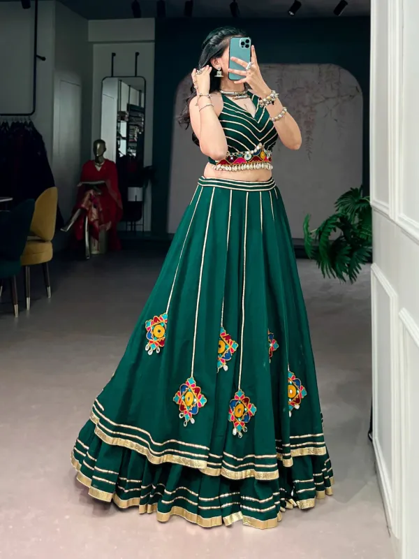Navratri_Collection_Bottle_Green_Navratri_Chaniya_Choli_Set_With_Halter_Neck_Crop_Top_Mirror_Embroidery_Shell_Detailing_Veronica_Fashion_Hub
