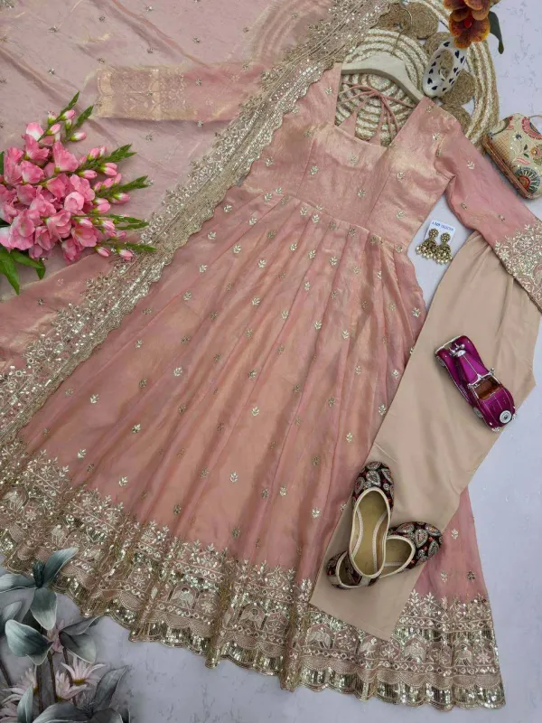 Peach_Pink_Organza_Anarkali_Suit_Set_With_Heavy_Sequin_Embroidery_Elephant_Zari_Border_Dupatta_Veronica_Fashion_Hub