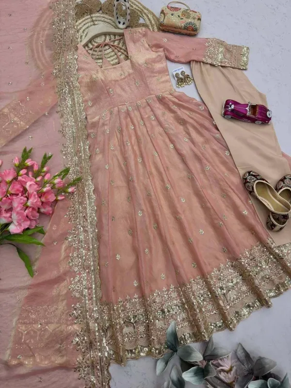 Peach_Pink_Organza_Anarkali_Suit_Set_With_Heavy_Sequin_Embroidery_Elephant_Zari_Border_Dupatta_Veronica_Fashion_Hub