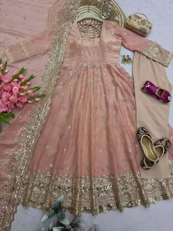 Peach_Pink_Organza_Anarkali_Suit_Set_With_Heavy_Sequin_Embroidery_Elephant_Zari_Border_Dupatta_Veronica_Fashion_Hub