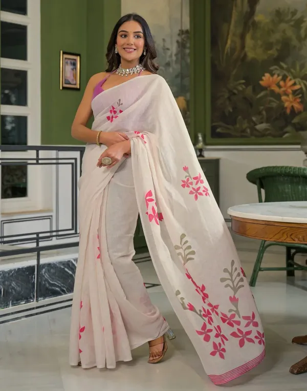 Beige_Linen_Floral_Printed_Saree