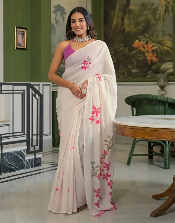 Beige_Linen_Floral_Printed_Saree