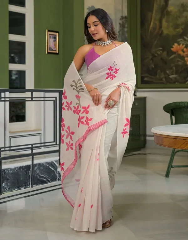 Beige_Linen_Floral_Printed_Saree