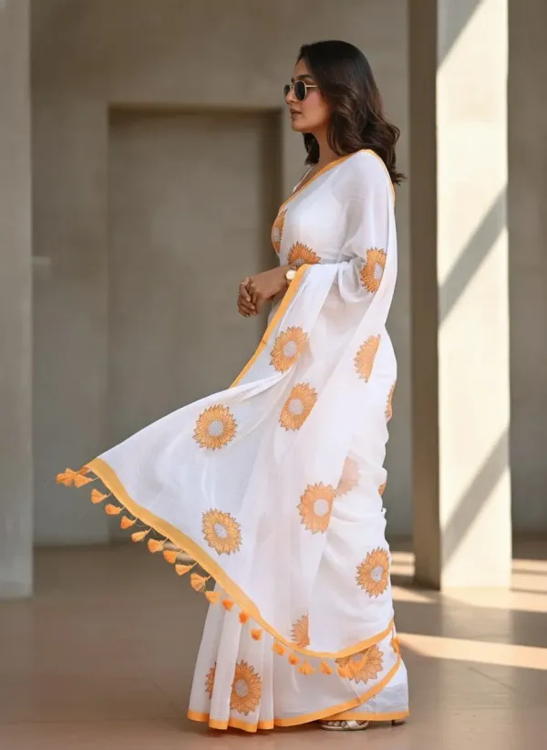 Off_White_Linen_Yellow_Floral_Printed_Saree