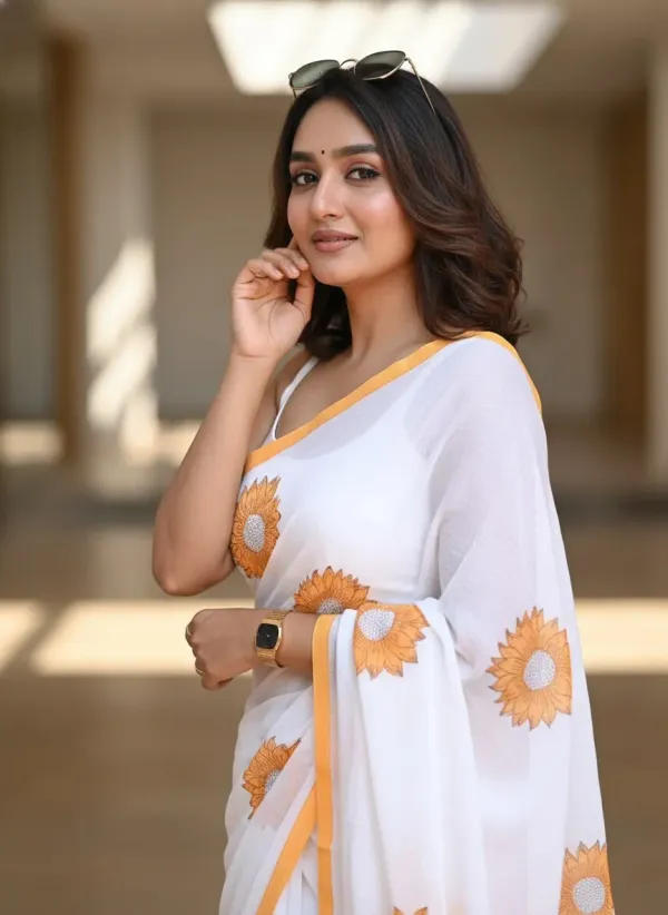 Off_White_Linen_Yellow_Floral_Printed_Saree