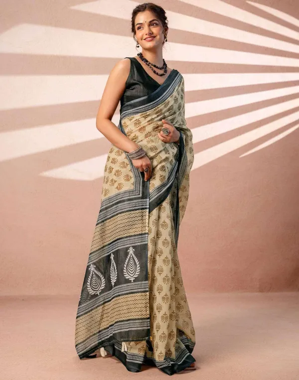Beige_Charcoal_Grey_Floral_Butti_Linen_Cotton_Block_Printed_Saree_With_Paisley_Pallu_Tassels_Veronica_Fashion_Hub