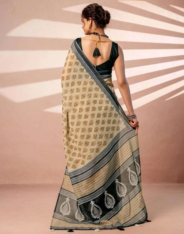Beige_Charcoal_Grey_Floral_Butti_Linen_Cotton_Block_Printed_Saree_With_Paisley_Pallu_Tassels_Veronica_Fashion_Hub