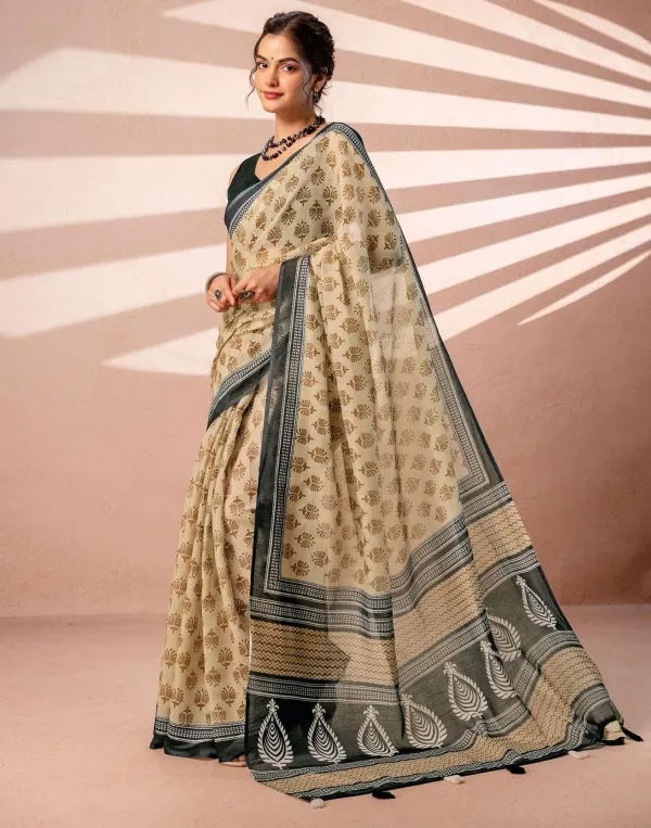 Beige_Charcoal_Grey_Floral_Butti_Linen_Cotton_Block_Printed_Saree_With_Paisley_Pallu_Tassels_Veronica_Fashion_Hub