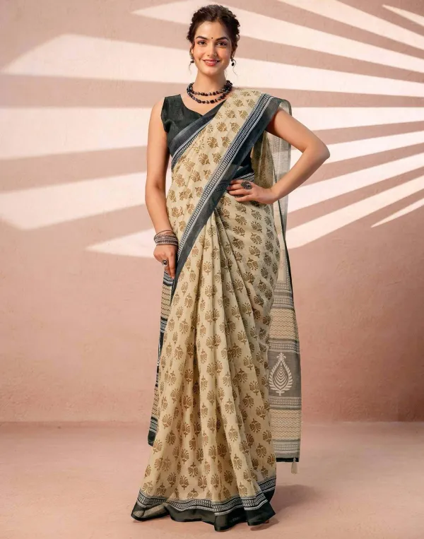 Beige_Charcoal_Grey_Floral_Butti_Linen_Cotton_Block_Printed_Saree_With_Paisley_Pallu_Tassels_Veronica_Fashion_Hub