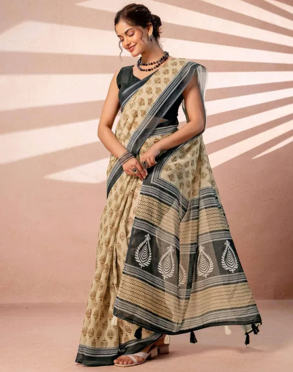 Beige_Charcoal_Grey_Floral_Butti_Linen_Cotton_Block_Printed_Saree_With_Paisley_Pallu_Tassels_Veronica_Fashion_Hub