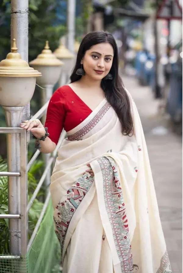Trendy_Cotton_Saree_Blouse_Design_With_Madhubani_Print