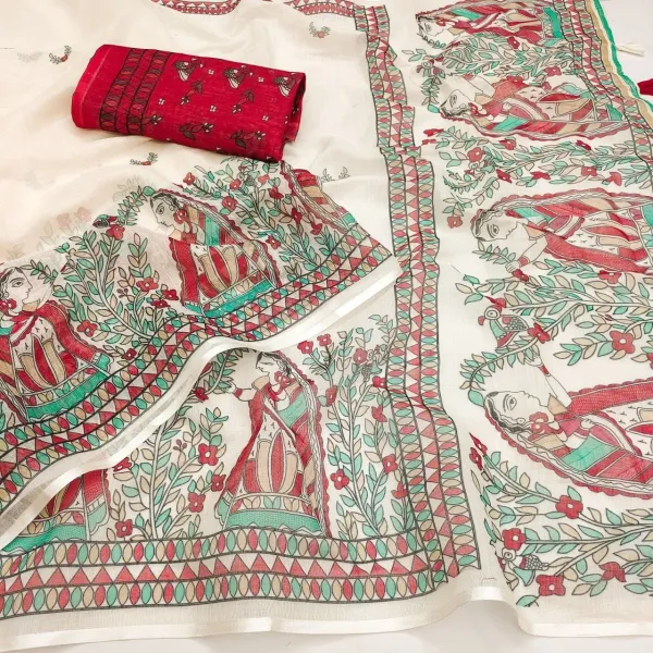 Trendy_Cotton_Saree_Blouse_Design_With_Madhubani_Print