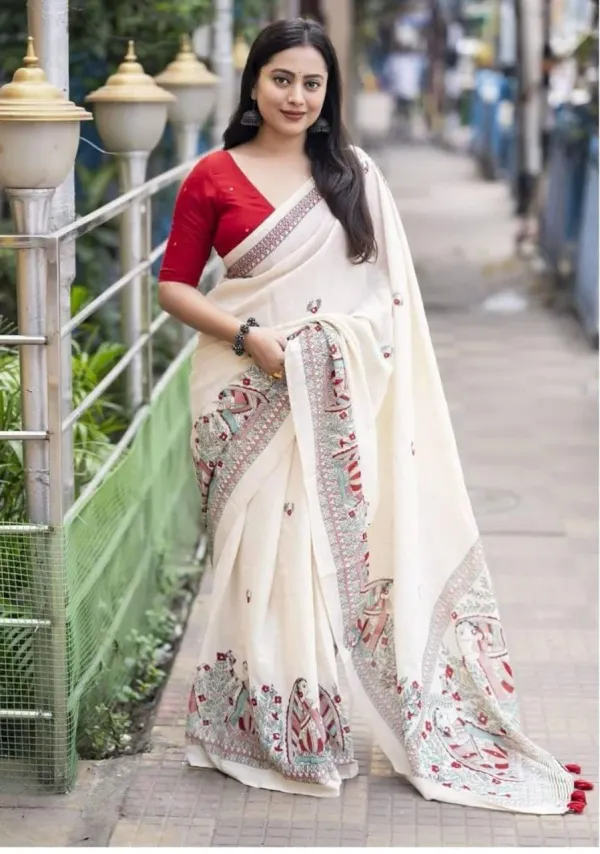 Trendy_Cotton_Saree_Blouse_Design_With_Madhubani_Print