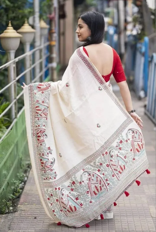Trendy_Cotton_Saree_Blouse_Design_With_Madhubani_Print
