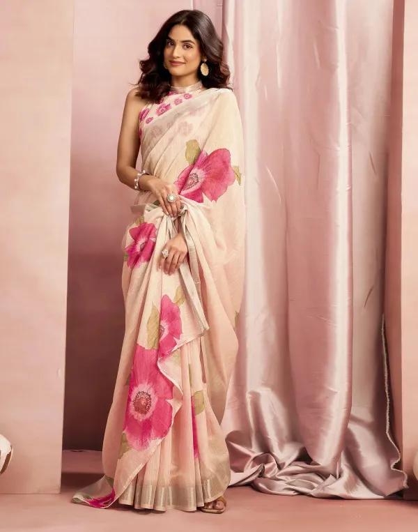 Cream_Cotton_Linen_Floral_Printed_Saree