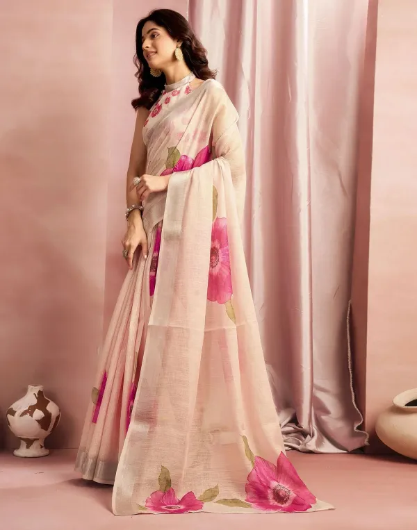 Cream_Cotton_Linen_Floral_Printed_Saree