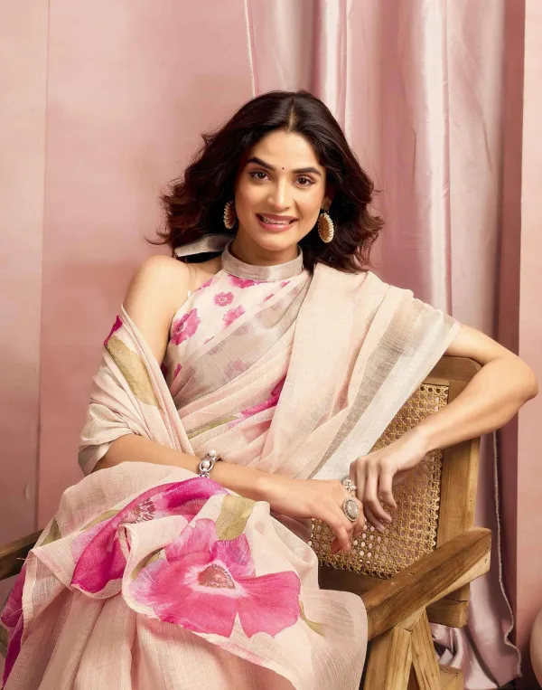 Cream_Cotton_Linen_Floral_Printed_Saree