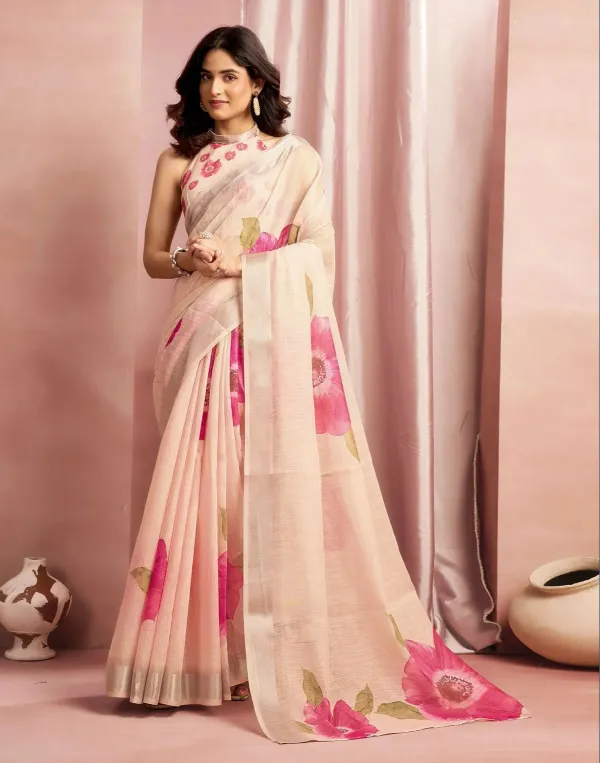 Cream_Cotton_Linen_Floral_Printed_Saree