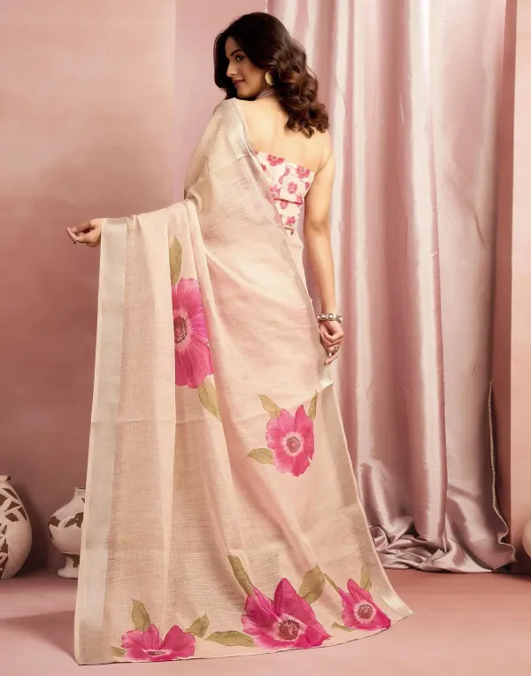 Cream_Cotton_Linen_Floral_Printed_Saree