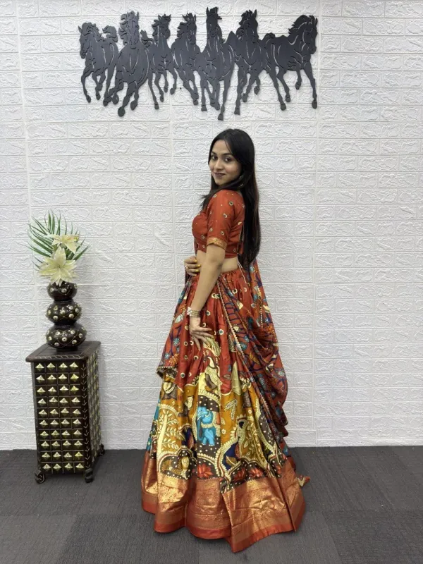 Kalamkari_Ready_To_Wear_Lehenga_Unstitched_Blouse_With_Dupatta