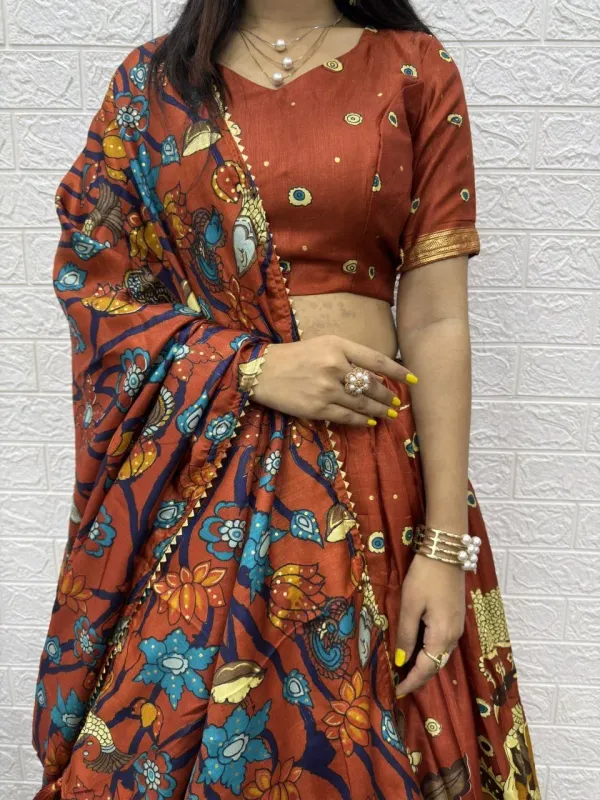 Kalamkari_Ready_To_Wear_Lehenga_Unstitched_Blouse_With_Dupatta