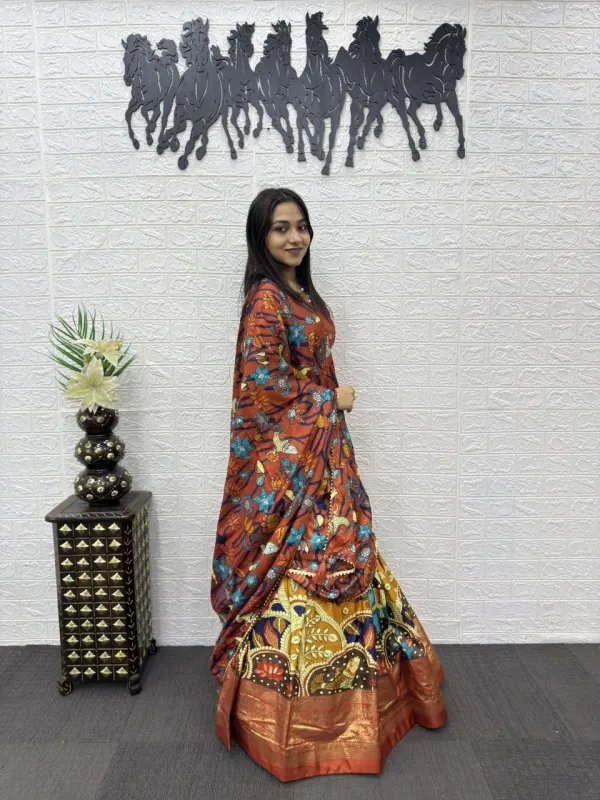 Kalamkari_Ready_To_Wear_Lehenga_Unstitched_Blouse_With_Dupatta
