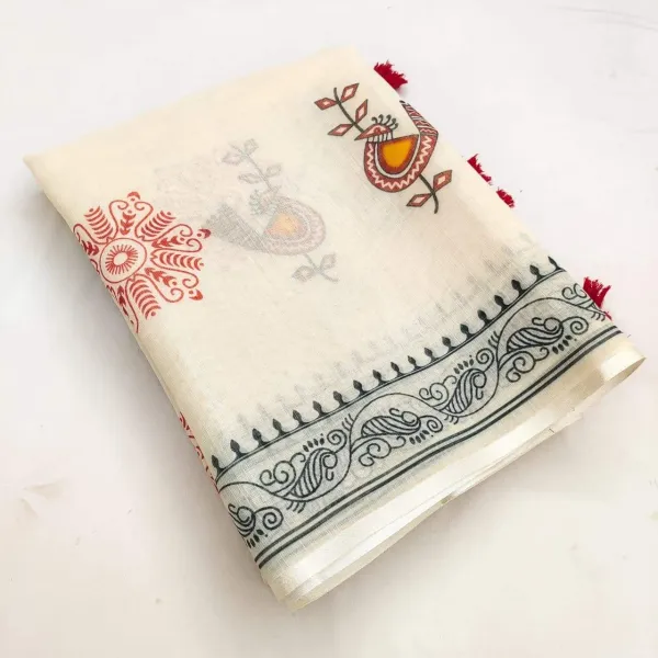 Soft_Linen_Cotton_Stylized_Birds_And_Leaf_Printed_Saree