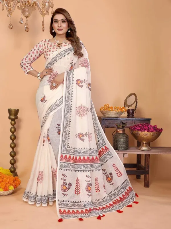 Soft_Linen_Cotton_Stylized_Birds_And_Leaf_Printed_Saree