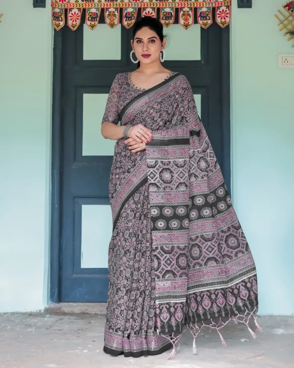Black_Mauve_Traditional_Ajrakh_Printed_Elegant_Linen_Cotton_Saree