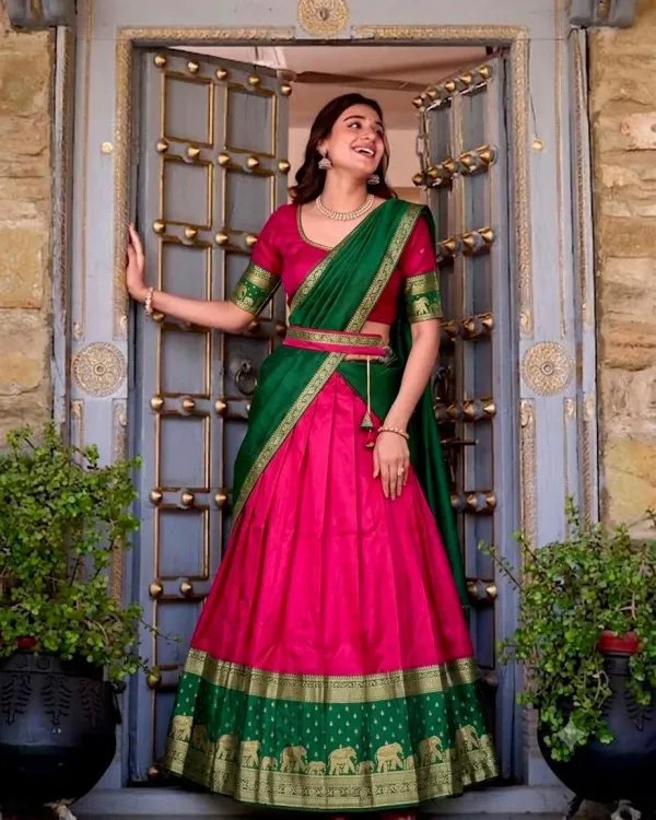Narayan_Pattu_Lehenga_Is_A_Traditional_South_Indian_Ensemble_Crafted_From_Premium_Silk_Pattu_And_Distinguished_By_Intricate_Royal_Zari_Weaving