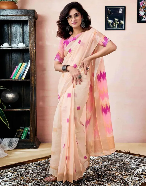 Cream_Linen_Zari_Screen_Printed_Zari_Work_Saree