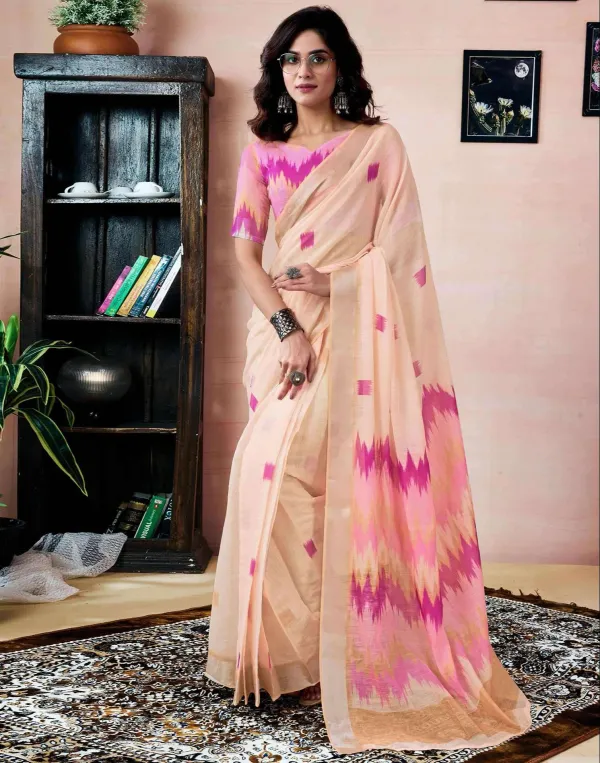 Cream_Linen_Zari_Screen_Printed_Zari_Work_Saree