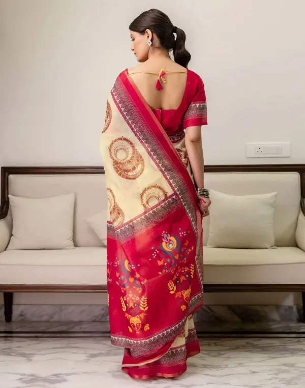 Cream_Linen_Printed_Saree