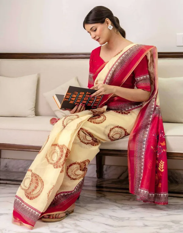 Cream_Linen_Printed_Saree