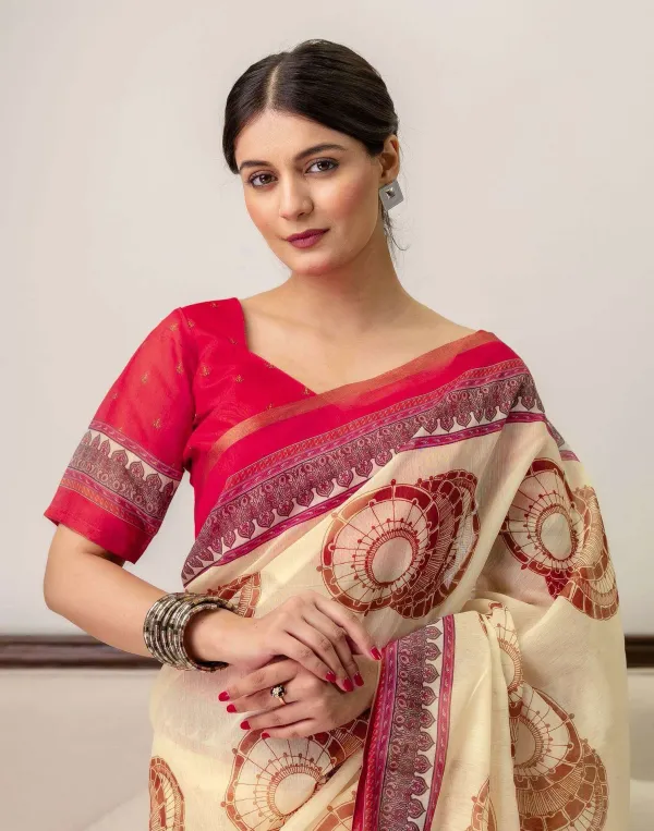 Cream_Linen_Printed_Saree
