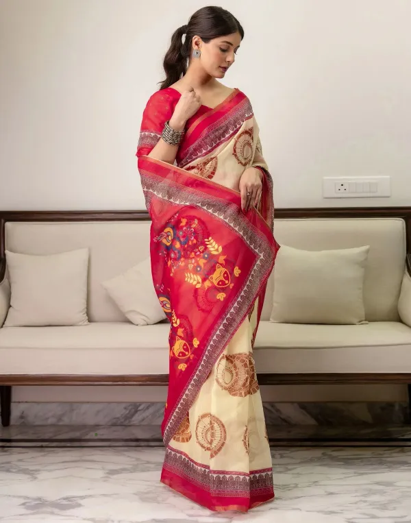 Cream_Linen_Printed_Saree
