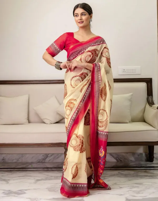 Cream_Linen_Printed_Saree
