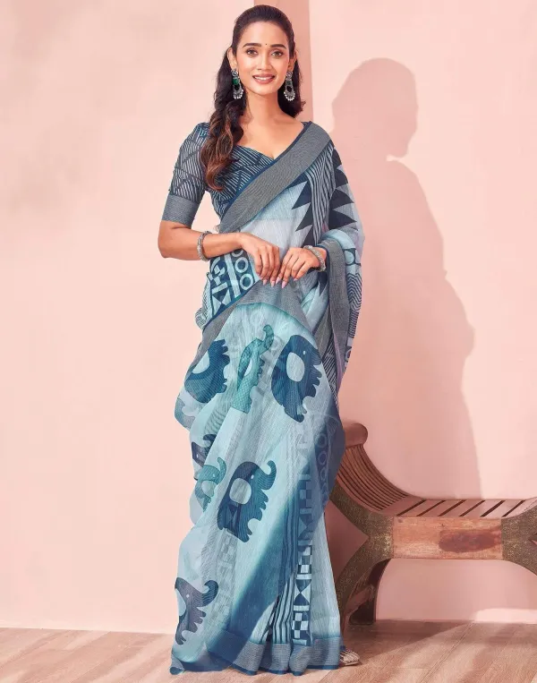 Light_Blue_Indigo_Geometric_Cotton_Linen_Saree_With_Elephant_Motif_Pallu_Printed_Blouse_Veronica_Fashion_Hub