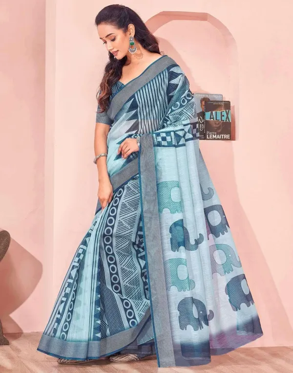 Light_Blue_Indigo_Geometric_Cotton_Linen_Saree_With_Elephant_Motif_Pallu_Printed_Blouse_Veronica_Fashion_Hub