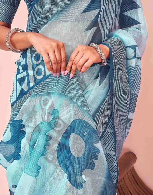 Light_Blue_Indigo_Geometric_Cotton_Linen_Saree_With_Elephant_Motif_Pallu_Printed_Blouse_Veronica_Fashion_Hub