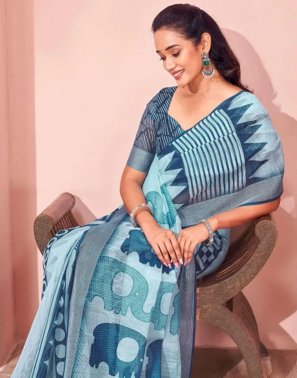Light_Blue_Indigo_Geometric_Cotton_Linen_Saree_With_Elephant_Motif_Pallu_Printed_Blouse_Veronica_Fashion_Hub