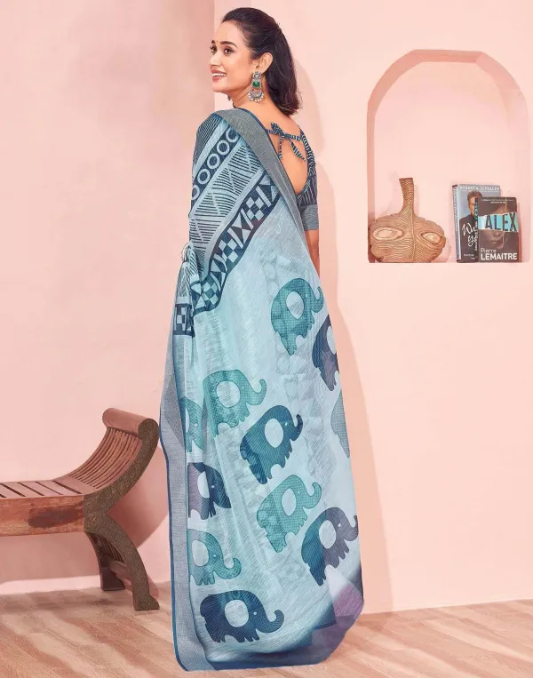 Light_Blue_Indigo_Geometric_Cotton_Linen_Saree_With_Elephant_Motif_Pallu_Printed_Blouse_Veronica_Fashion_Hub