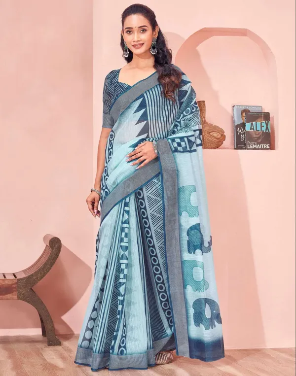 Light_Blue_Indigo_Geometric_Cotton_Linen_Saree_With_Elephant_Motif_Pallu_Printed_Blouse_Veronica_Fashion_Hub